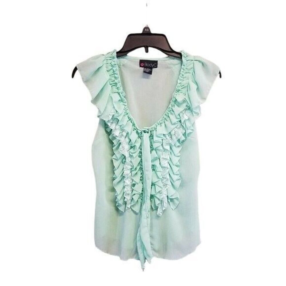 Body C Womens Sz S Mint Green  Solid Cap Sleeve Ruffle Blouse
